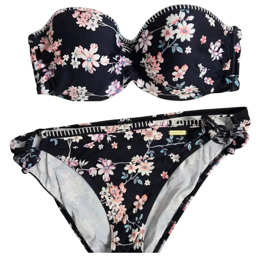 Sunseeker Australia Matching Black Floral Swim Vacation Bikini Set | 34D & M